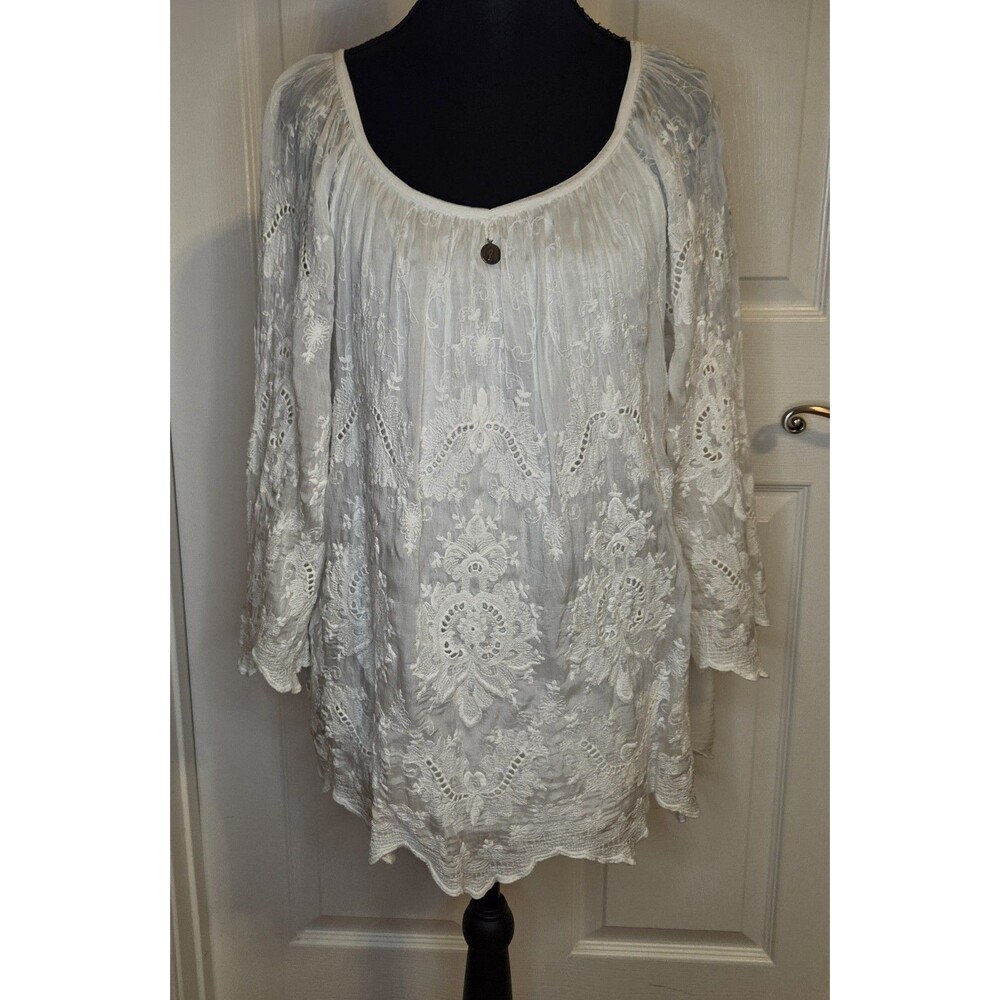 Tempo Paris Womens MEDIUM White Embroidered Silk Romantic 3/4 Sleeve Top
